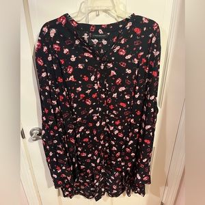 Long sleeve button down black and red floral shirt.